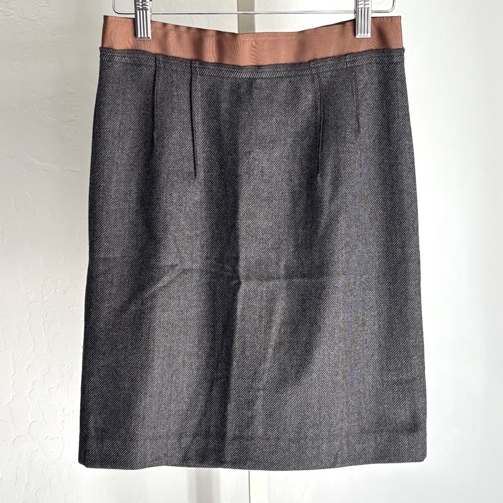 LOFT Ann Taylor Gray Wool Blend Fitted Skirt w Brown Grosgrain Waist, 00P, NWT